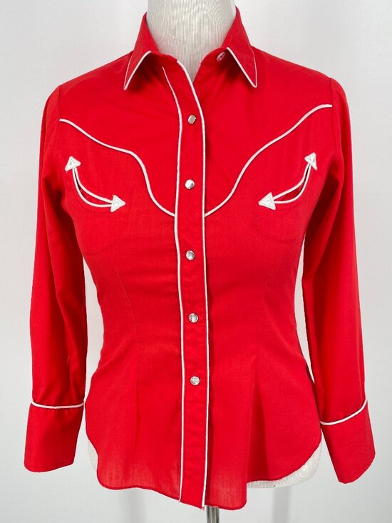 Tops - Vintage Red Western Pearl Snap Shirt Smile Pockets Rodeo Cowboycore M